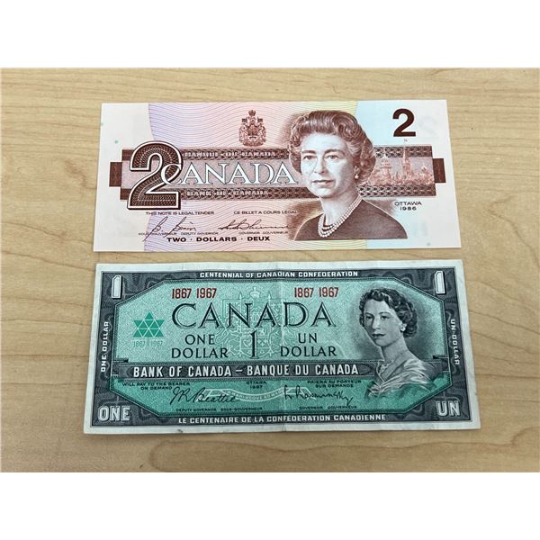 $1 Bank of Canada 1967 Centennial & 1986 Bank of Canada $2 Bank Notes Bills - see all photos