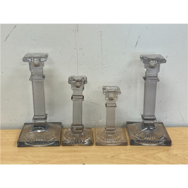 4 Vintage Glass Candle Stick Holders - tallest about 8.25" - some knicks, see photos