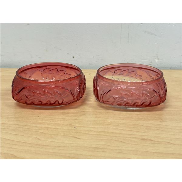 2 Vintage Leaf Embossed Cranberry / Clear Glass Trinket Bowls Catchalls - approx: 4"W