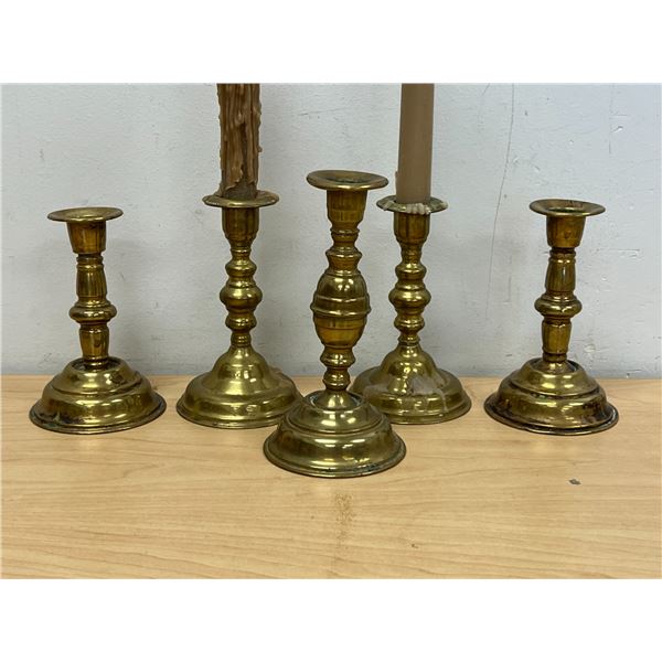 5 Vintage Brass Candlestick Holders - Mixed lot as pictured - Tallest 6.25"