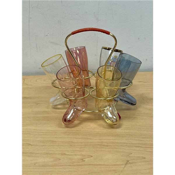 6 Vintage Boot Shaped Shot Glasses in Metal Holder