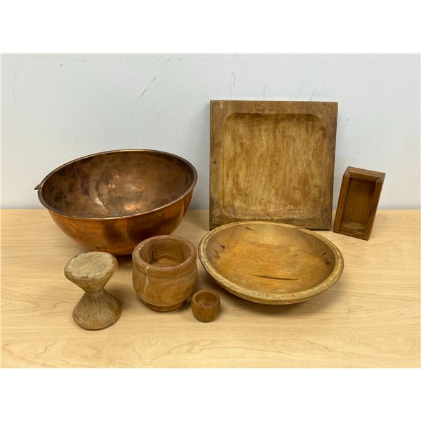 Vintage Copper Bowl & Wood Items as pictured - Copper Bowl approx: 10.5"W 5"T