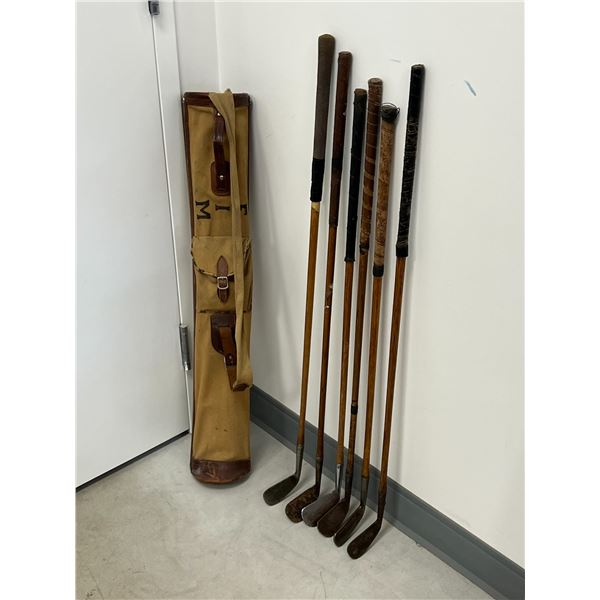 6 Antique Wood Shaft Golf Clubs With Bag as pictured - see all photos for details
