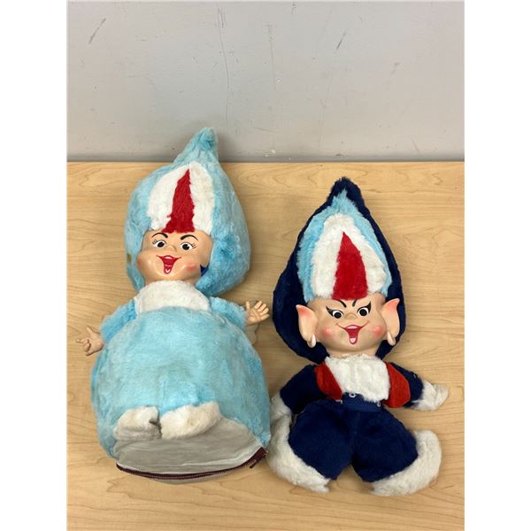 Vintage Gas Genie Flame Head Mascot Plush Stuffed Rubber Face Dolls 17 & 19" (see photos)
