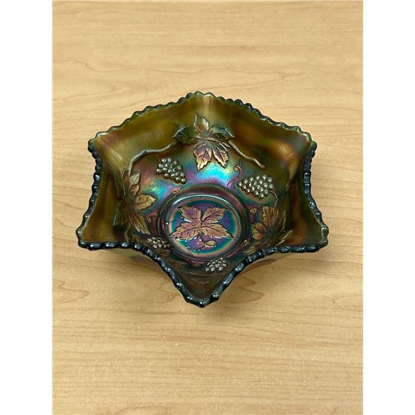 Vintage Iridescent Carnival Glass Grape Leaf Embossed Art Glass Dish - smaller about 5.5"