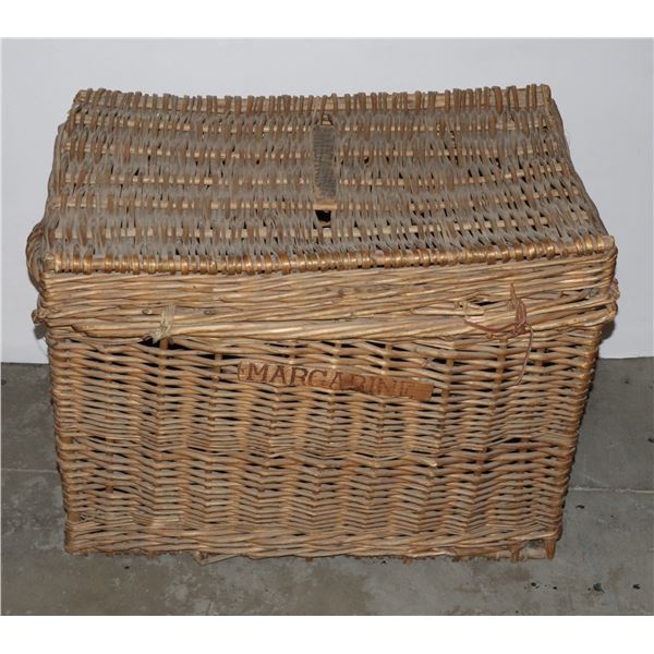 LARGE WICKER BASKET WITH LID, LABELED WITH