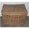 LARGE WICKER BASKET WITH LID, LABELED WITH