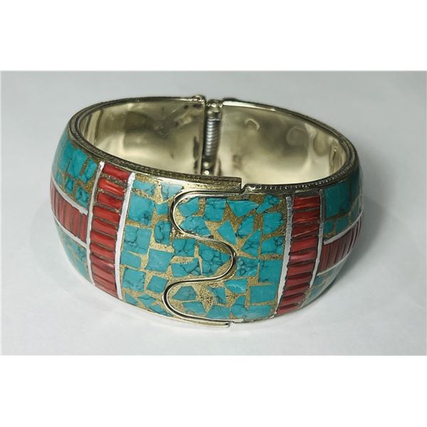 Natural Tibet Hand Made Coral & Turquoise Wide Bangle