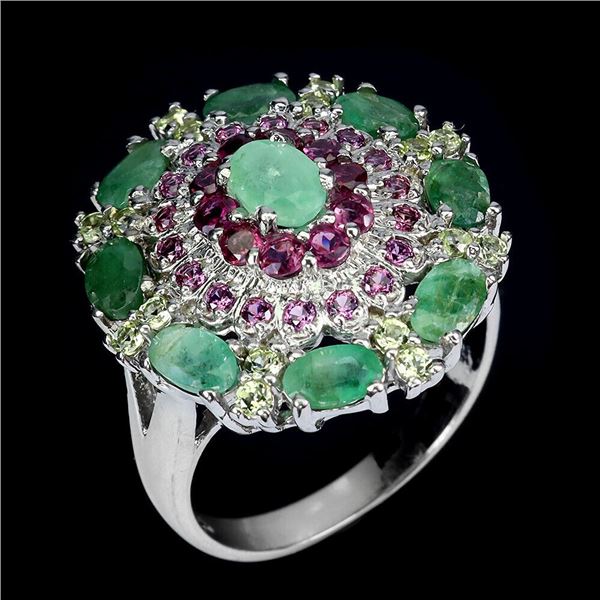 Natural  Emerald Peridot Rhodolite Ring