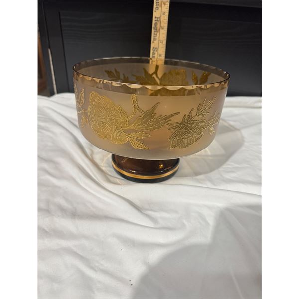 Bohemian Moser Pedestal bowl -gold appliqué vintage
