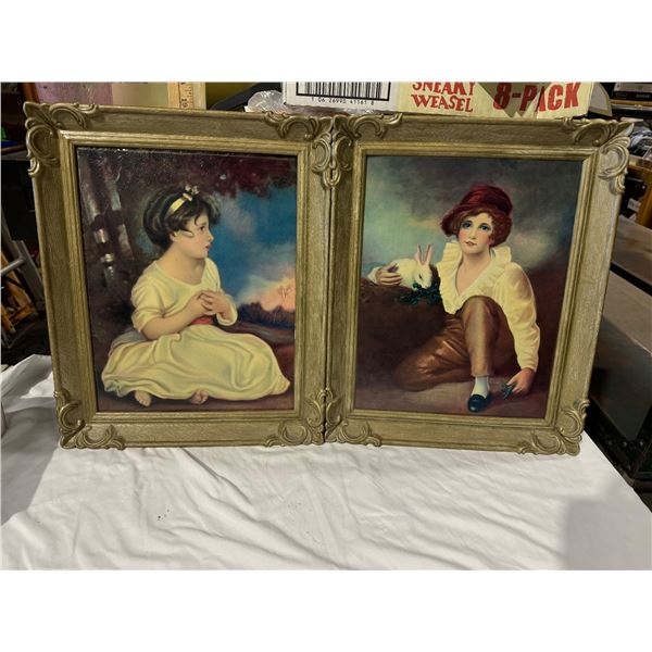 2 vintage prints, boy with rabbit, girl in white dress