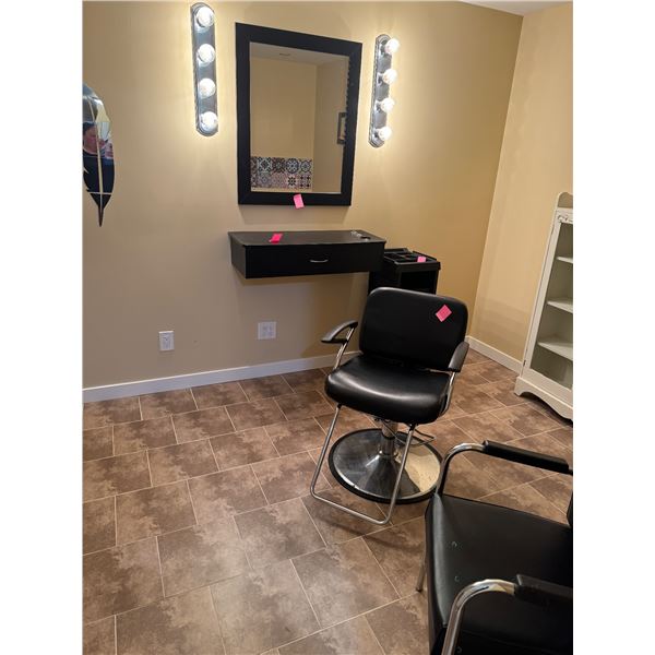 Salon items 2 chairs, sink, blow reuse shelf and mirror and rolling cart