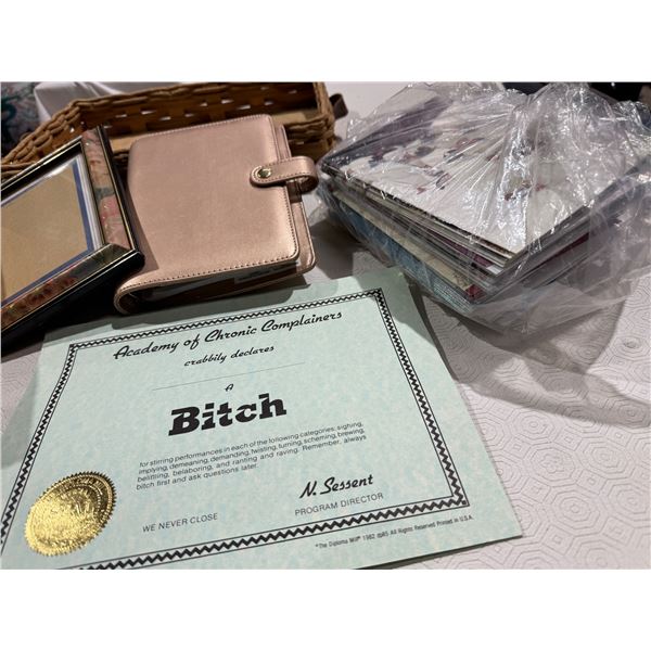 Wood crate, tray, certificate and greeting cards