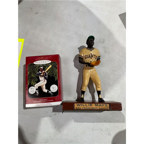 Willie Mays collectible and Hank Aaron ornament