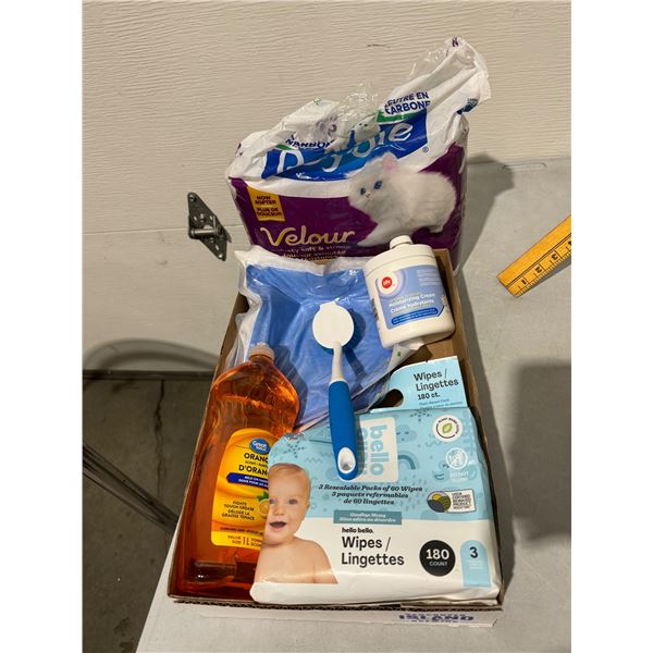 Toilet paper, wipes, soap etc