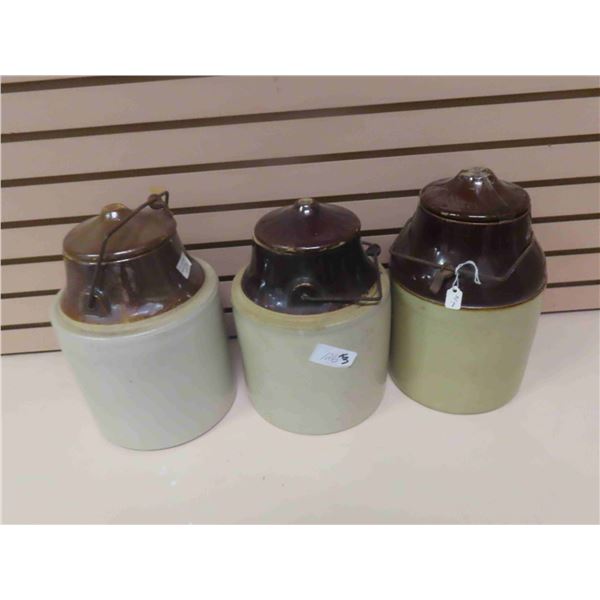 3 Stoneware Pickle Crocks with Lids