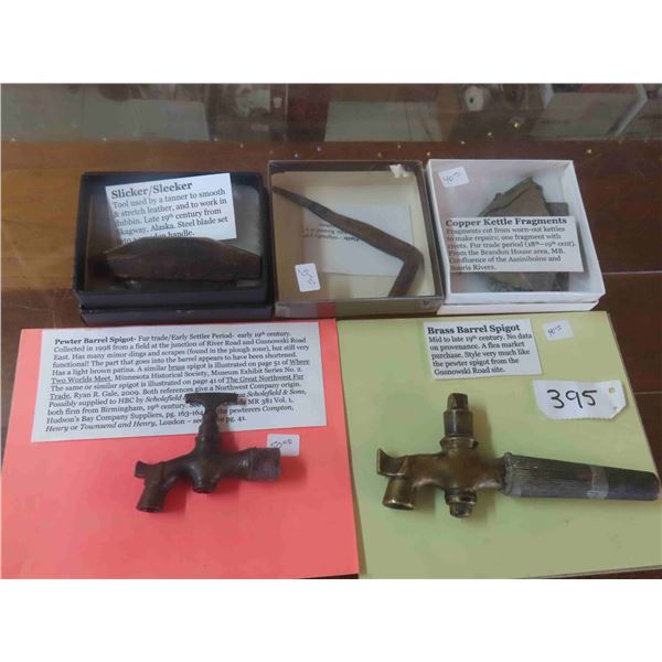Early Brass Spigots, Copper Kettle Fragments, Pintle Hide Scraper