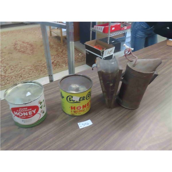 2 Honey Tins +  Bee Smoker
