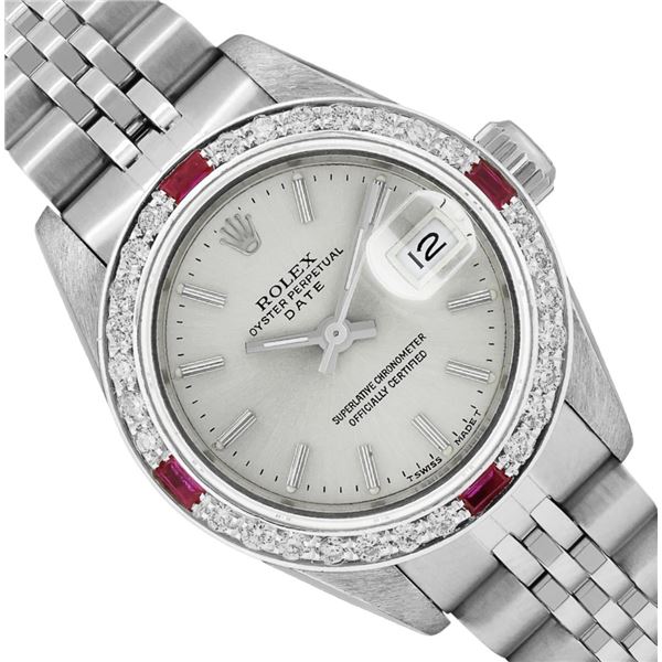 Rolex Ladies Stainless Steel Ruby and Diamond Date Wristwatch With Rolex Box