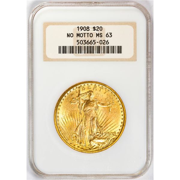 1908 No Motto $20 St. Gaudens Double Eagle Gold Coin NGC MS63 Old Fatty Holder