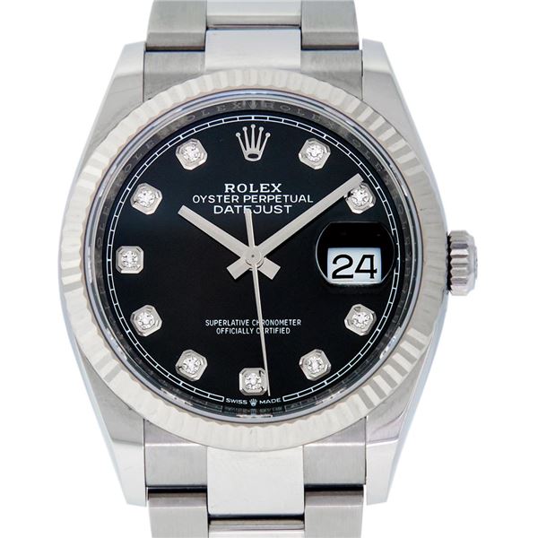 Rolex Mens Stainless Steel Black Diamond Datejust Wristwatch