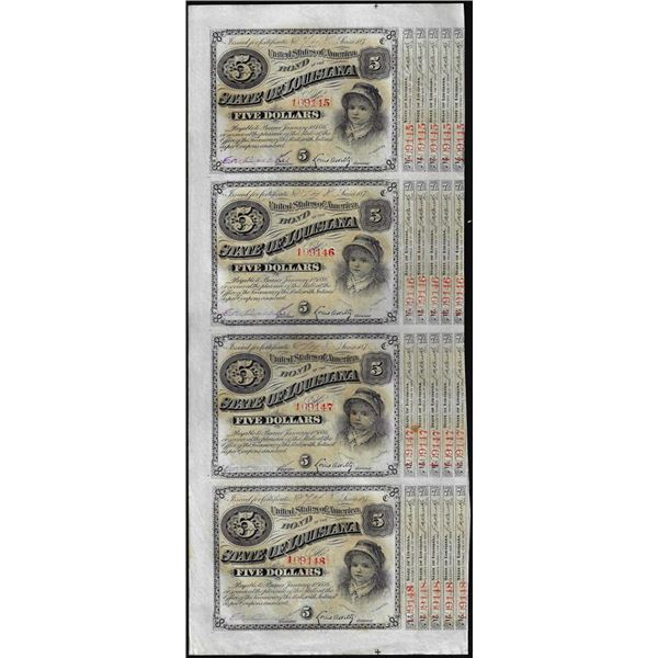 Uncut Sheet of (4) State of Louisiana Baby Bond Obsolete Notes