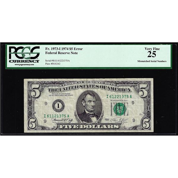 1974 $5 Federal Reserve Note Mismatched Serial Number Error Fr.1973-I PCGS Very Fine 25