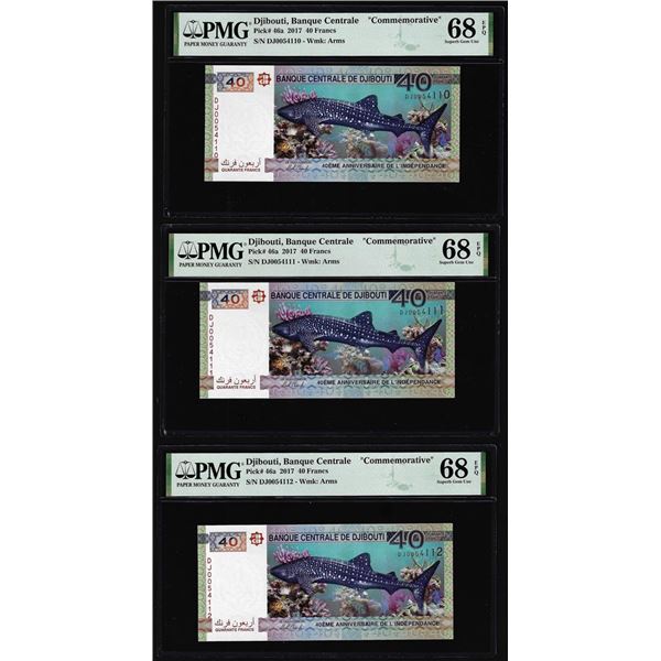 (3) Consecutive 2017 Djibouti 40 Francs Bank Notes PMG Superb Gem Uncirculated 68EPQ