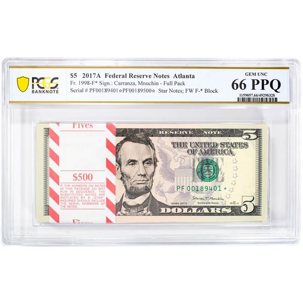 Pack of 2017A $5 Federal Reserve STAR Notes Atlanta Fr.1998-F* PCGS Gem UNC 66PPQ
