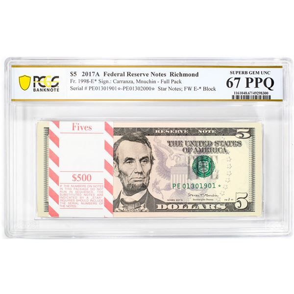 Pack of 2017A $5 Federal Reserve STAR Notes RCH Fr.1998-E* PCGS Superb Gem UNC 67PPQ