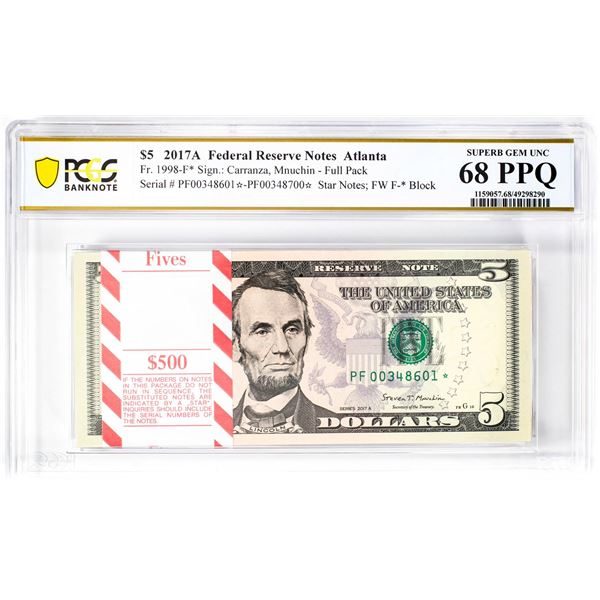 Pack 2017A $5 Federal Reserve STAR Notes Atlanta Fr.1998-F* PCGS Superb Gem UNC 68PPQ