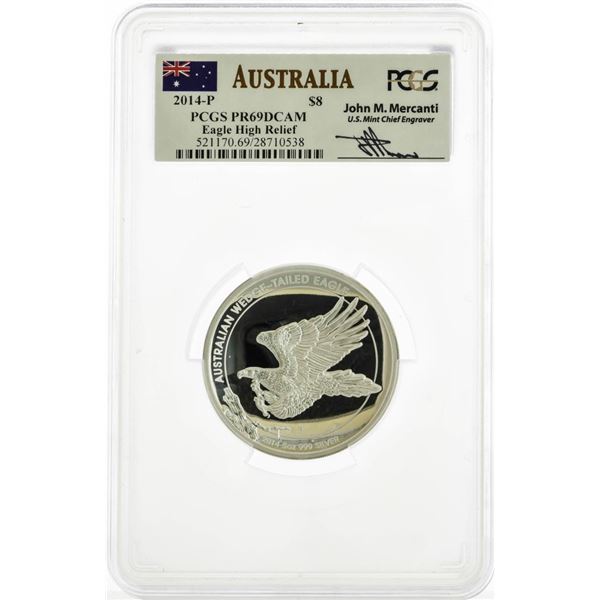 2014-P Australia $8 Proof Eagle High Relief Silver Coin PCGS PR69DCAM Mercanti Signed