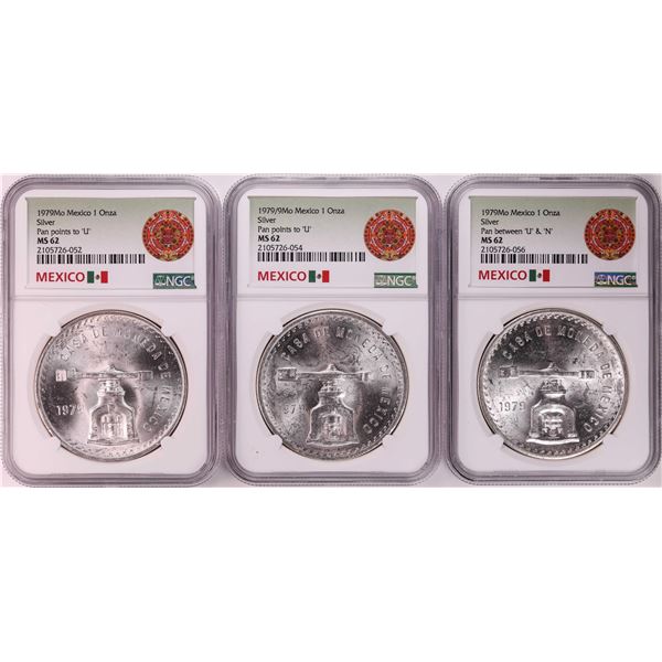 Lot of (3) 1979Mo Mexico 1 Onza Silver Coins NGC MS62