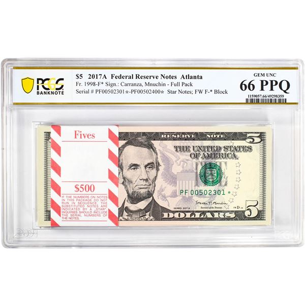 Pack of 2017A $5 Federal Reserve STAR Notes Atlanta Fr.1998-F* PCGS Gem UNC 66PPQ