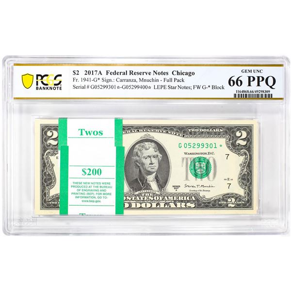 Pack of 2017A $2 Federal Reserve STAR Notes Chicago Fr.1941-G* PCGS Gem UNC 66PPQ