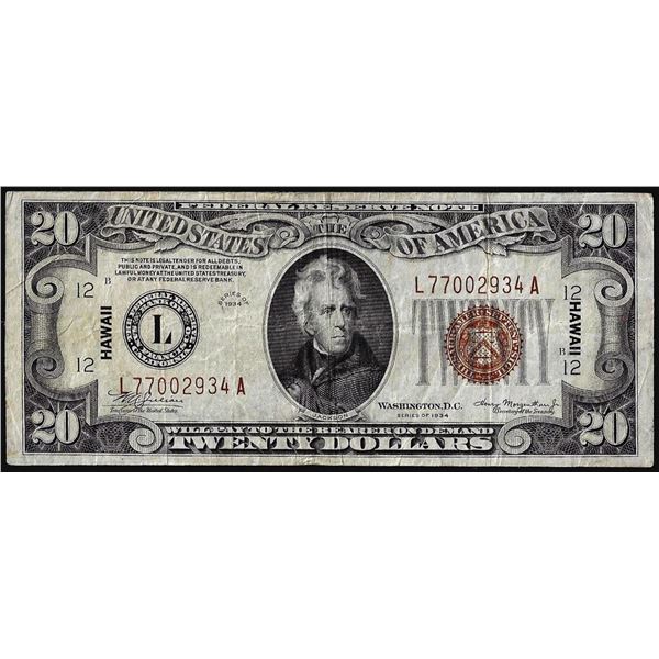 1934A $20 Hawaii WWII Emergency Issue Federal Reserve Note