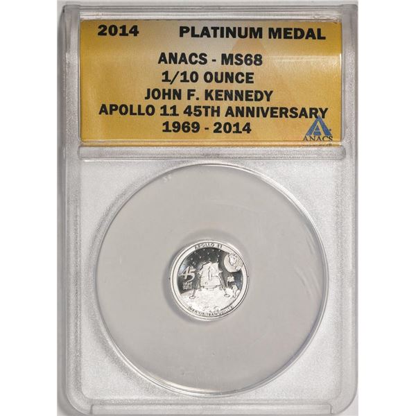 2014 Proof 1/10 oz Platinum JFK Apollo 11 Anniversary Medal ANACS MS68