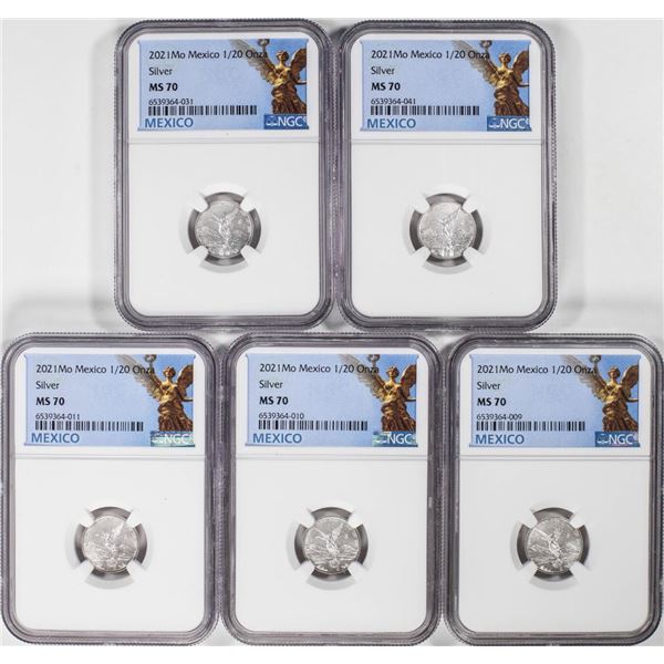 Lot of (5) 2021-Mo Mexico 1/20 oz Silver Libertad Coins NGC MS70