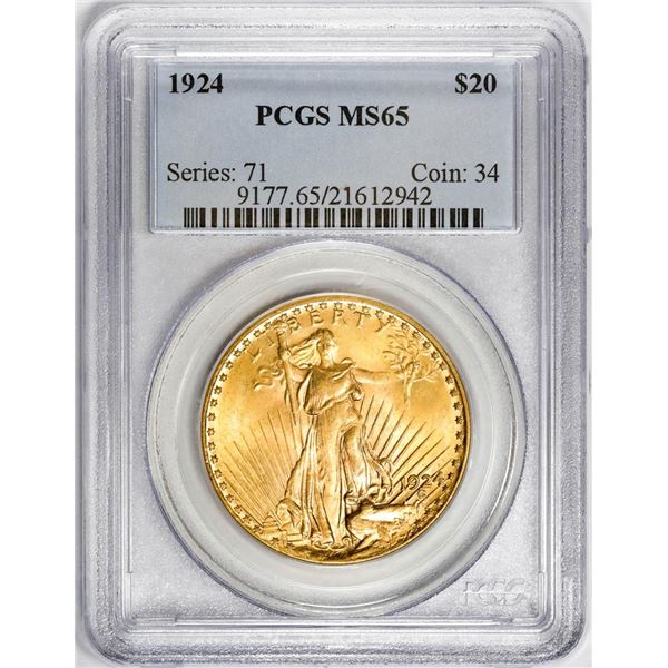 1924 $20 St. Gaudens Double Eagle Gold Coin PCGS MS65