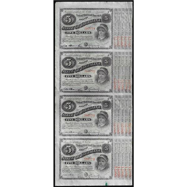 Uncut Sheet of (4) State of Louisiana Baby Bond Obsolete Notes