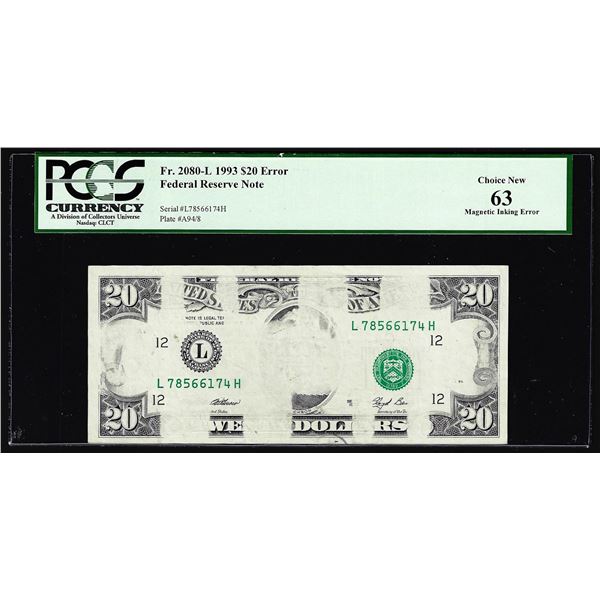 1993 $20 Federal Reserve Note San Francisco Magnetic Ink Error PCGS Choice New 63