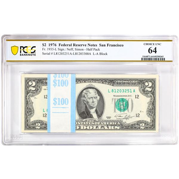 Pack of 1976 $2 Federal Reserve Notes San Francisco Fr.1935-L PCGS Choice UNC 64