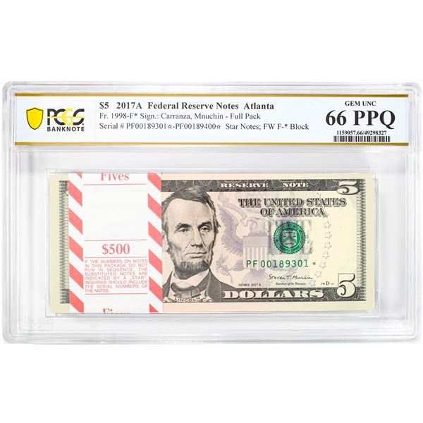 Pack of 2017A $5 Federal Reserve STAR Notes Atlanta Fr.1998-F* PCGS Gem UNC 66PPQ