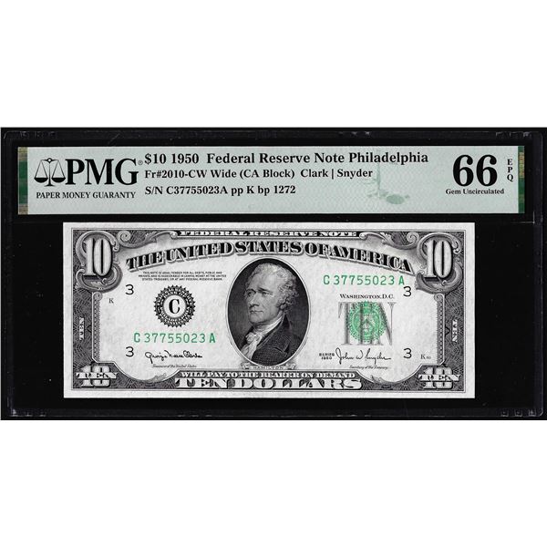 1950 $10 Federal Reserve Note Philadelphia Fr.2010-CW Wide PMG Gem Uncirculated 66EPQ