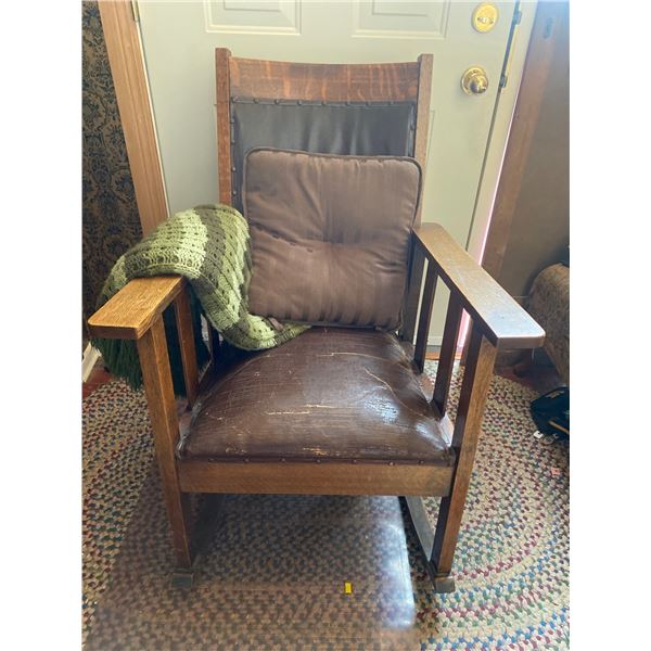 Vintage Leather and Solid Wood Rocker Armchair 27W x 27D x 37H