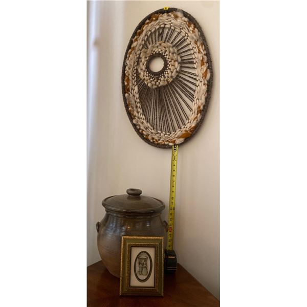 Vintage Macrame Wall Hanging Art Large Glazed Stoneware Pot w/ Lid 20"H Small Shadow Box Picture