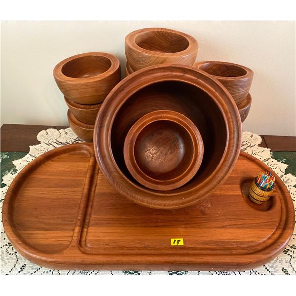 Vintage Teak Serving Set 12 Bowls Serving Tray Barrel Shot GLass