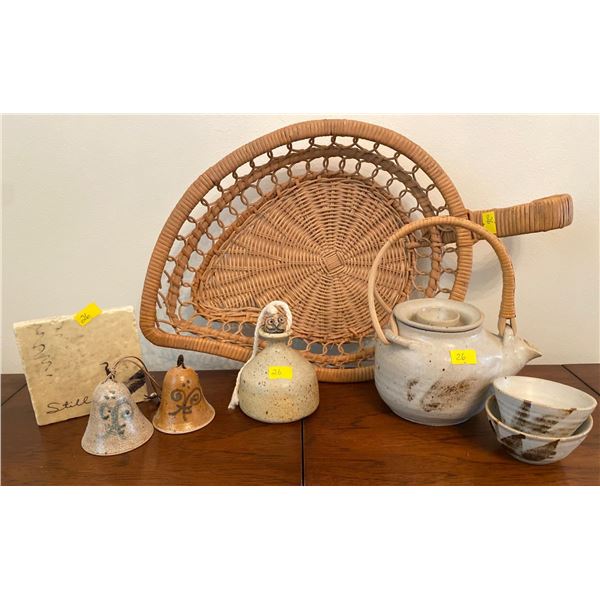 Vintage Stoneware Tea Set Rattan Serving Tray and More