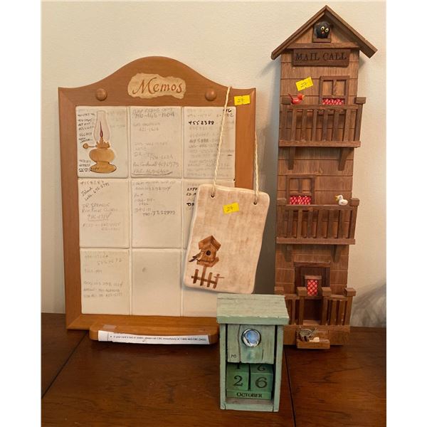 Vintage Erasable Memo Wall Hanging Ceramic Art Bird Calender  & Wooden Mail Organizer