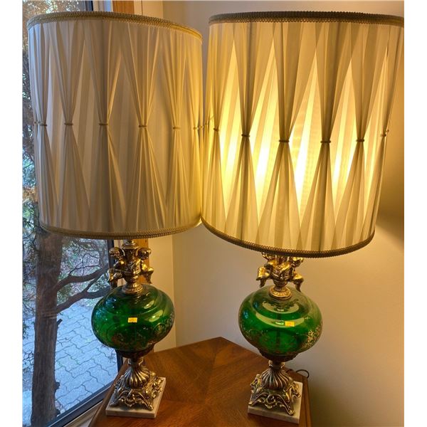 Large Vintage Green & Gold Cherub Lamps  39H